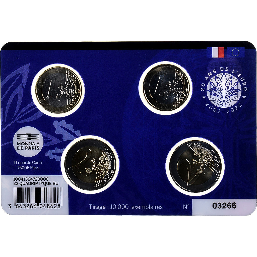 Francúzsko,
1€ a 2€ x 2,
20 Ans de l'Euro