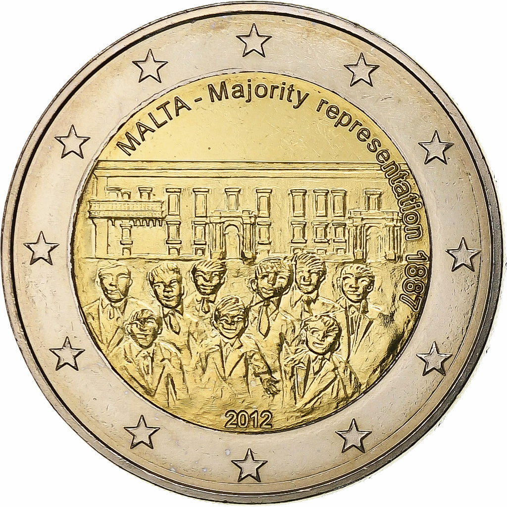 malta,
2 eurá,
väčšinové zastúpenie