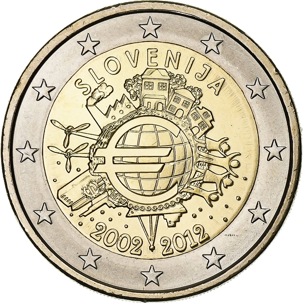 Slovinsko,
2 eurá,
10 rokov v hotovosti v eurách