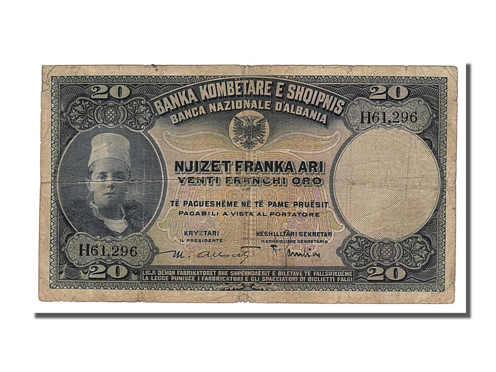 bankovka,
Albánsko,
20 Franka Ari