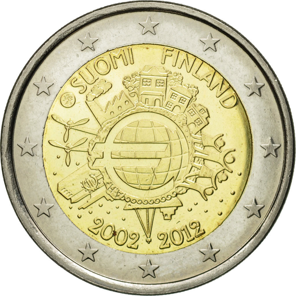 Fínsko,
2 eurá,
10. výročie razby eura