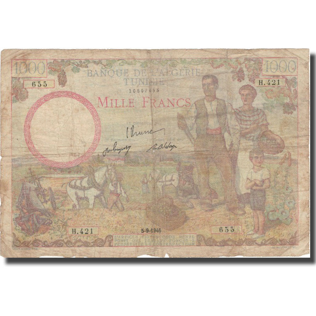 bankovka,
Tunisko,
1000 frankov