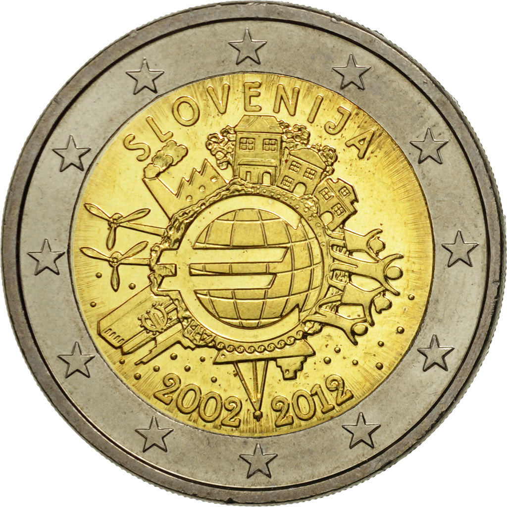 Slovinsko, 
  
  2 eurá, 
  
  10 rokov euro